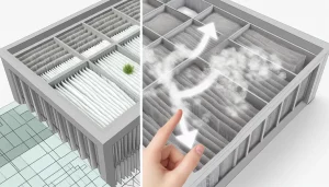 Mô tả một hệ thống thông gió với màng lọc HEPA đang hoạt động, minh họa cho bài viết.
