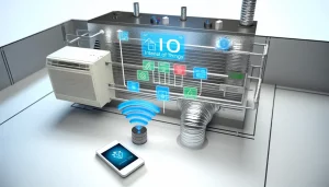 Hình ảnh tòa nhà hiện đại với hệ thống thông gió tích hợp công nghệ IoT.